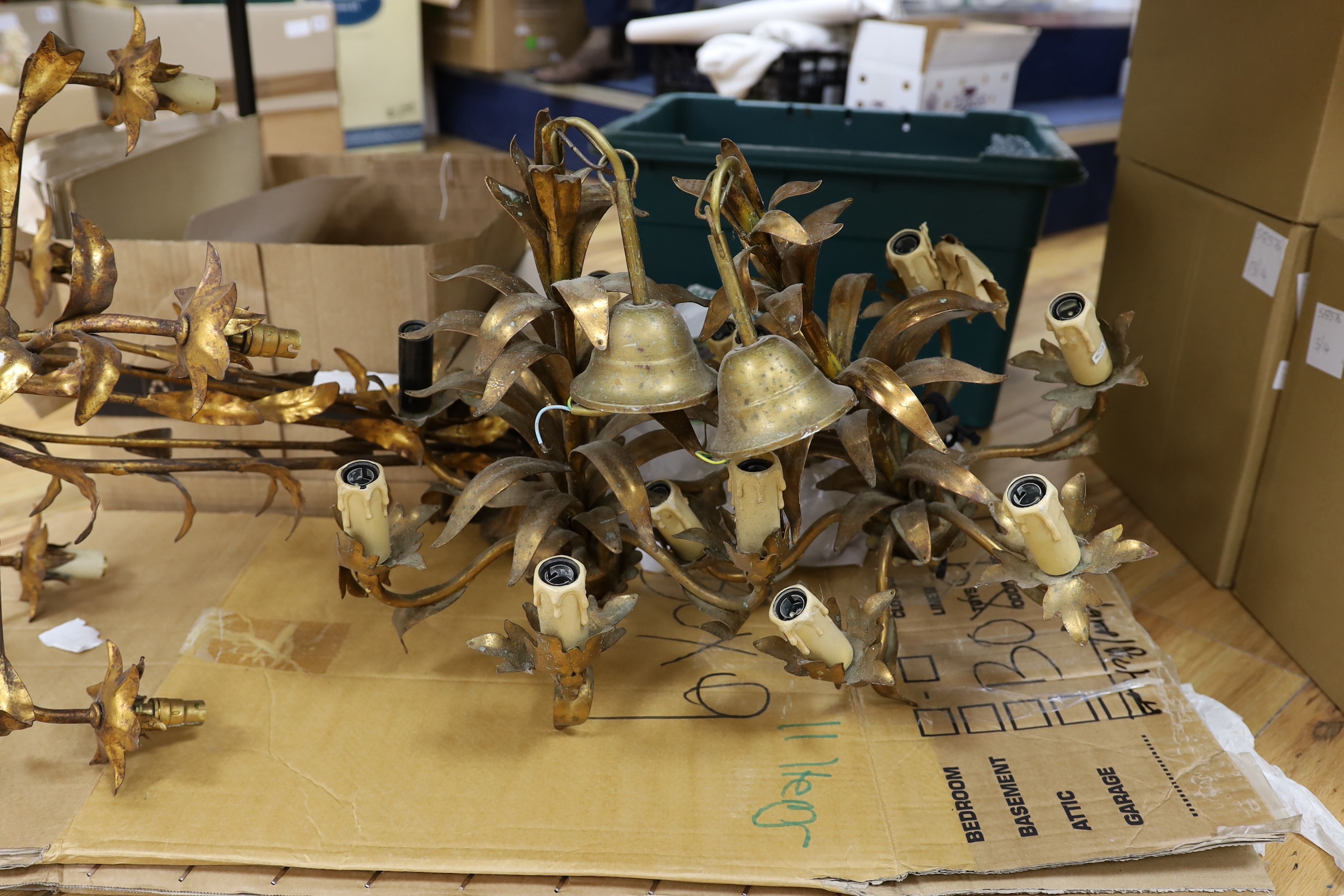 A pair of gilt metal ceiling lights and a similar ditto (3)